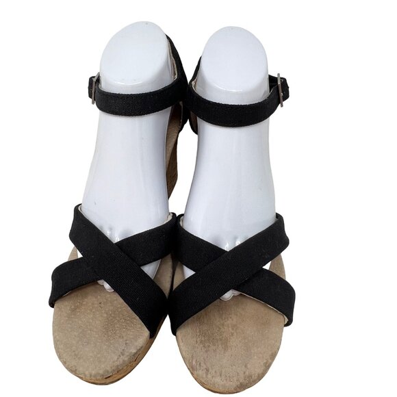 Toms Womens Sienna Black Canvas Cork Wedge 4" Heel Sandal Size 11 VGC - Picture 2 of 9